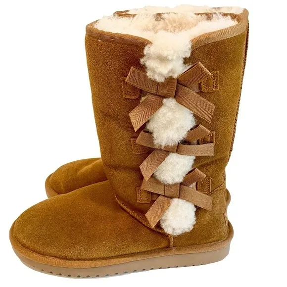 Koolaburra by UGG Tall Boots Chestnut Suede Leather Faux Fur Pom Pom Size 8