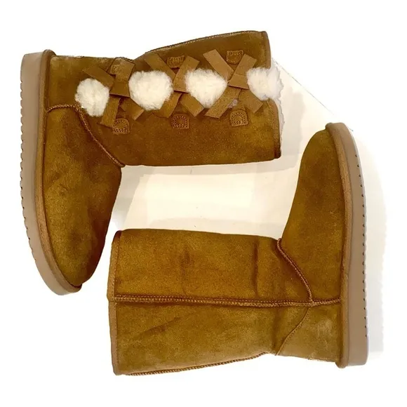 Koolaburra by UGG Tall Boots Chestnut Suede Leather Faux Fur Pom Pom Size 8