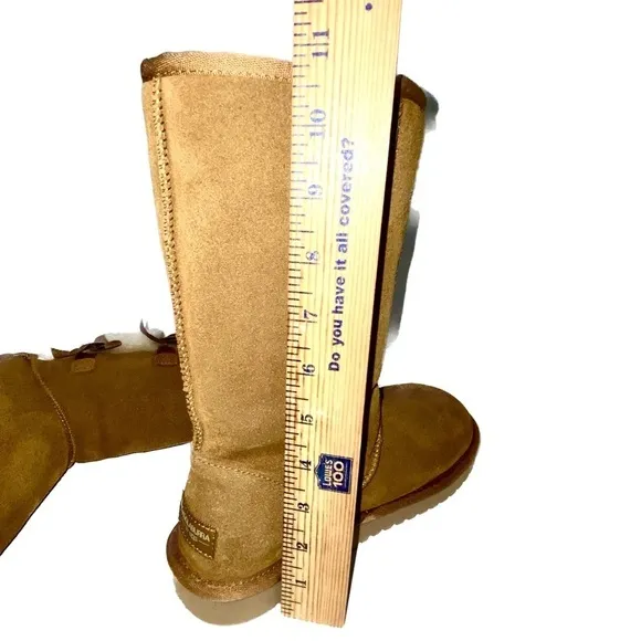 Koolaburra by UGG Tall Boots Chestnut Suede Leather Faux Fur Pom Pom Size 8