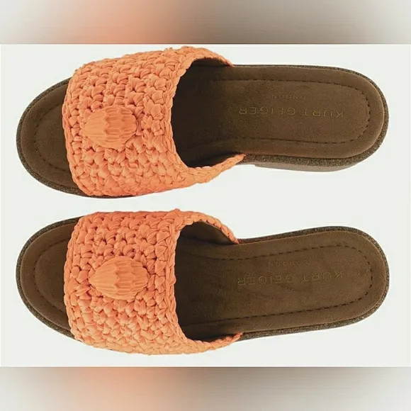 Kurt Geiger Coral Orange Casual Crochet Eagle Slip-On Slide Sandals New