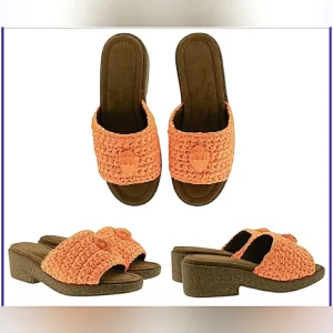 Kurt Geiger Coral Orange Casual Crochet Eagle Slip-On Slide Sandals New