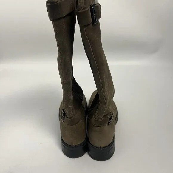 LA CANDIENNE GOLDEY SUEDE BOOT STONE Tan BUCKLES KNEE Sz 7 M Side Zipper