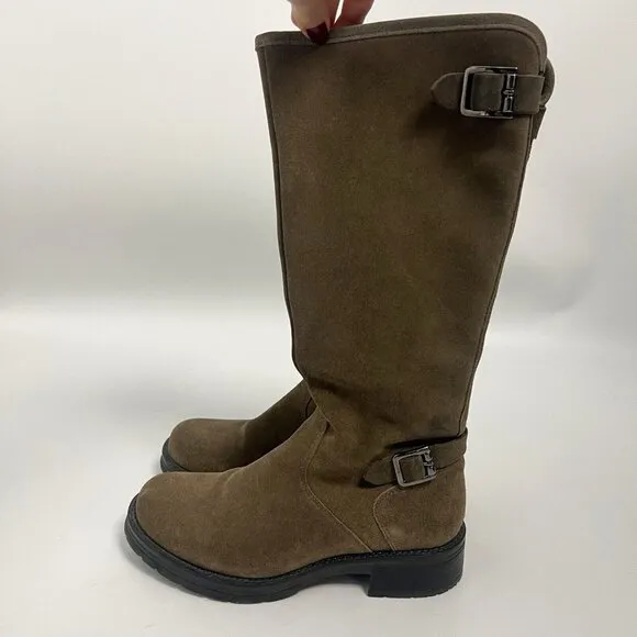 LA CANDIENNE GOLDEY SUEDE BOOT STONE Tan BUCKLES KNEE Sz 7 M Side Zipper