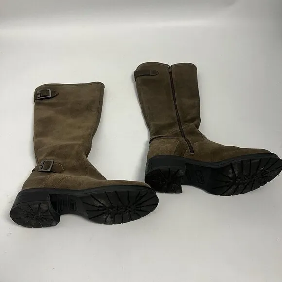 LA CANDIENNE GOLDEY SUEDE BOOT STONE Tan BUCKLES KNEE Sz 7 M Side Zipper