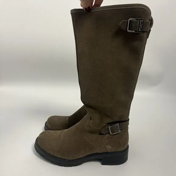 LA CANDIENNE GOLDEY SUEDE BOOT STONE Tan BUCKLES KNEE Sz 7 M Side Zipper
