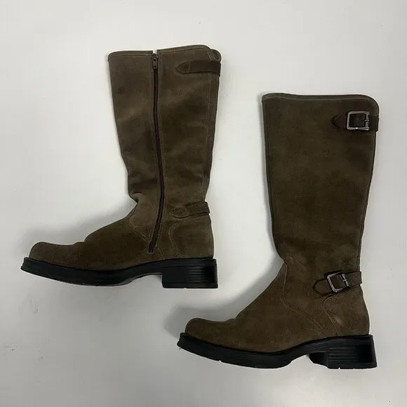 LA CANDIENNE GOLDEY SUEDE BOOT STONE Tan BUCKLES KNEE Sz 7 M Side Zipper