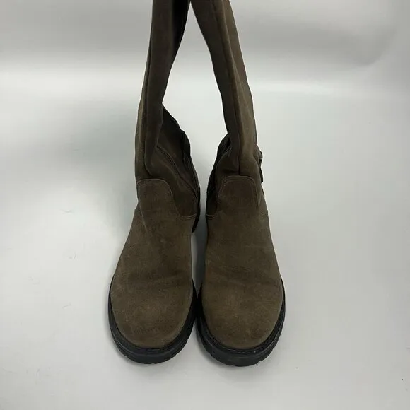 LA CANDIENNE GOLDEY SUEDE BOOT STONE Tan BUCKLES KNEE Sz 7 M Side Zipper
