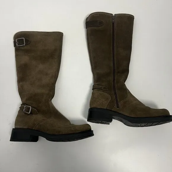 LA CANDIENNE GOLDEY SUEDE BOOT STONE Tan BUCKLES KNEE Sz 7 M Side Zipper