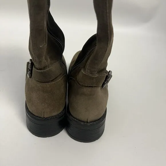 LA CANDIENNE GOLDEY SUEDE BOOT STONE Tan BUCKLES KNEE Sz 7 M Side Zipper