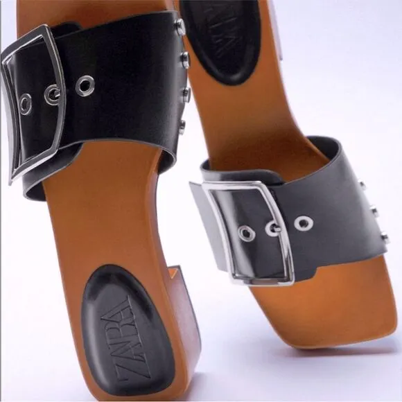 LIKE NEW Zara RARE Wood-Effect Heeled Sandals-Black-Size 7.5/38 Spring 2021