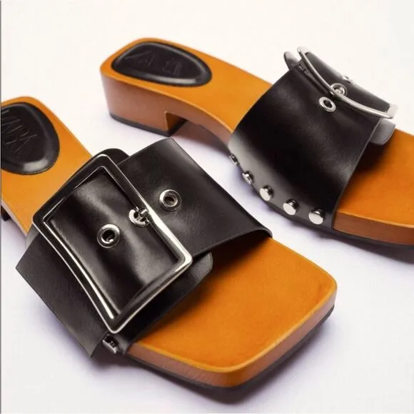LIKE NEW Zara RARE Wood-Effect Heeled Sandals-Black-Size 7.5/38 Spring 2021