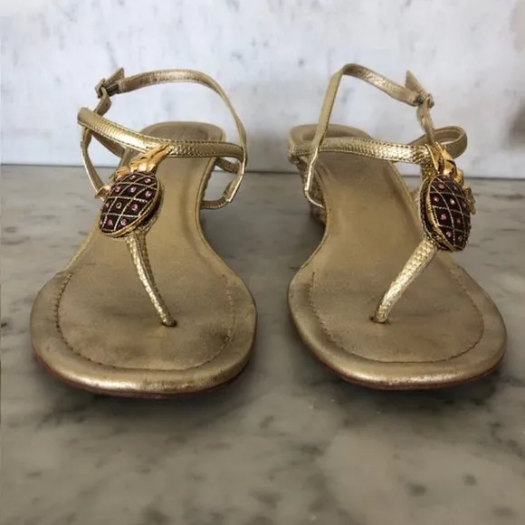 LILLY PULITZER Brown Pink Enamel Pineapple Gold Wicker Wedge Sandals 6