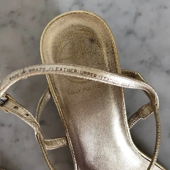 LILLY PULITZER Brown Pink Enamel Pineapple Gold Wicker Wedge Sandals 6