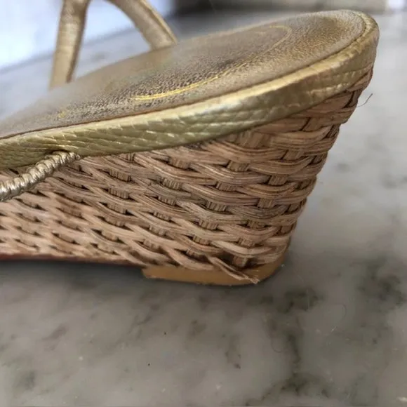 LILLY PULITZER Brown Pink Enamel Pineapple Gold Wicker Wedge Sandals 6