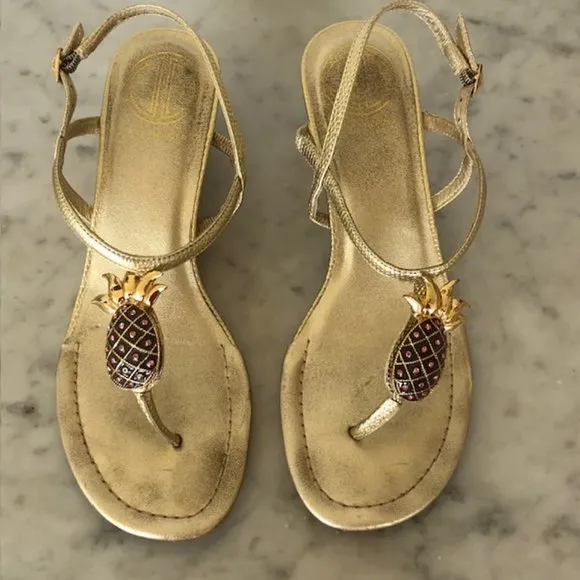 LILLY PULITZER Brown Pink Enamel Pineapple Gold Wicker Wedge Sandals 6