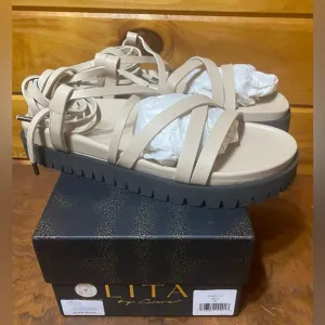 LITA BY CIARA LUG LACE UP GLADIATOR SANDALS SIZE 39 STRAPPY CHUNKY IN SAND NIB
