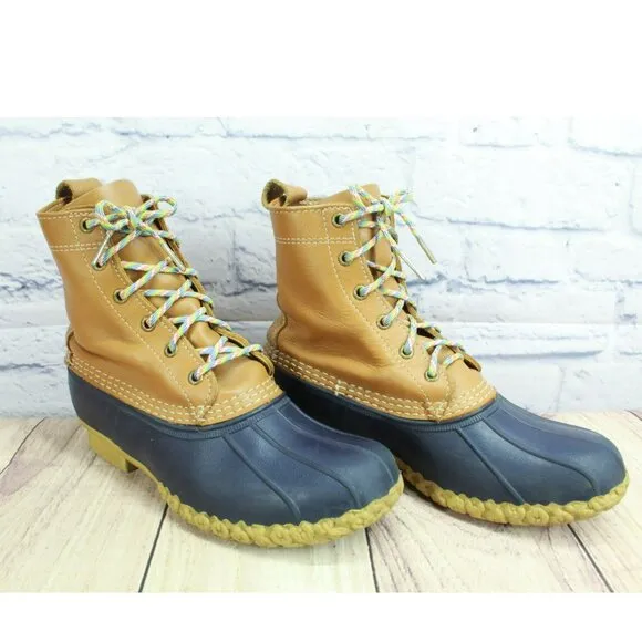LL Bean Multicolor Leather Lace Up Round Toe Unlined Ankle Duck Boots Size 9 M