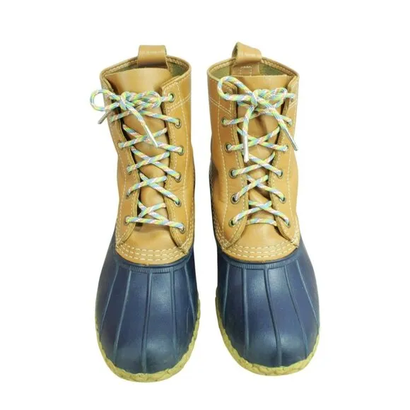 LL Bean Multicolor Leather Lace Up Round Toe Unlined Ankle Duck Boots Size 9 M