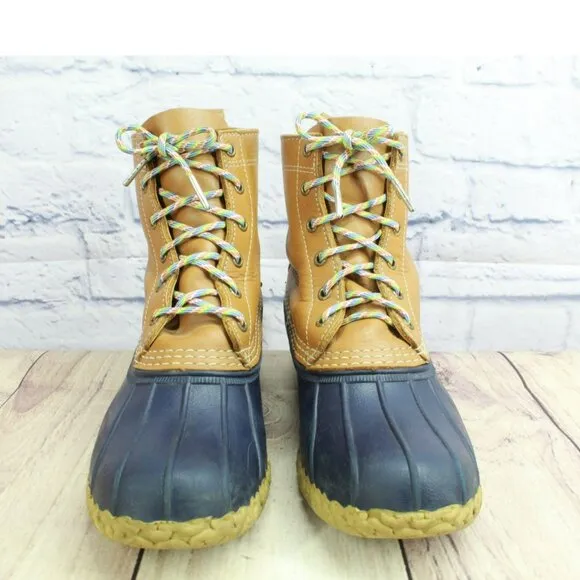 LL Bean Multicolor Leather Lace Up Round Toe Unlined Ankle Duck Boots Size 9 M