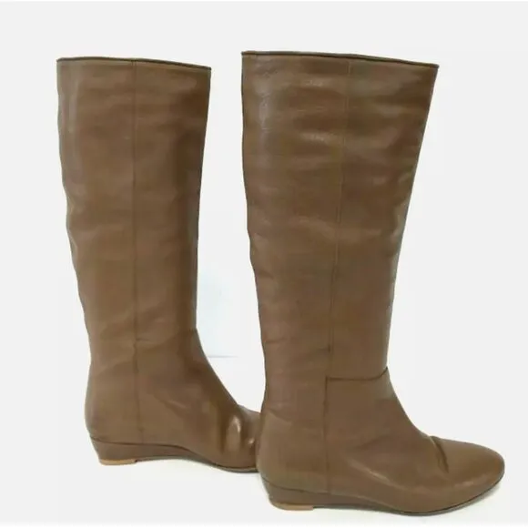 LOEFFLER RANDALL Matilde Wedge Heel Leather Riding Boot Tall Knee High Tan Sz 7B