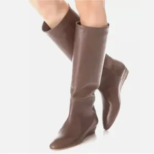 LOEFFLER RANDALL Matilde Wedge Heel Leather Riding Boot Tall Knee High Tan Sz 7B
