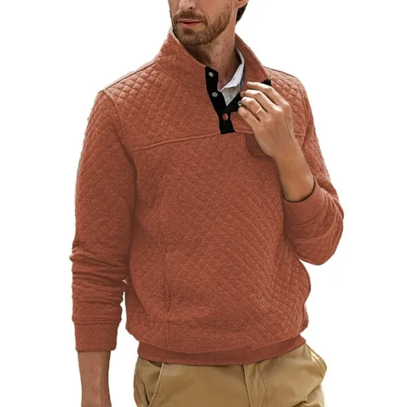 Long Sleeve Men Sweatshirts Quilted Stand Collar Sweatshirts Button