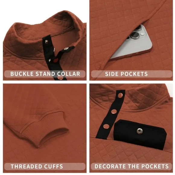 Long Sleeve Men Sweatshirts Quilted Stand Collar Sweatshirts Button