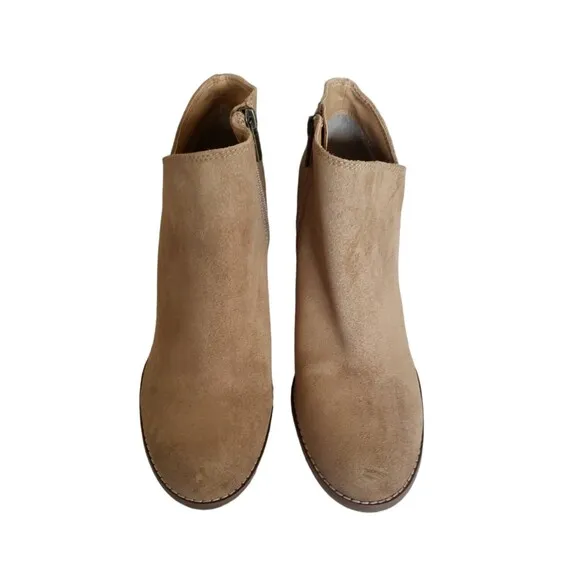 Lucky Brand Yakeena Ankle Boots Size 10 Tan Suede Upper Wooden Wedge Side Zipper