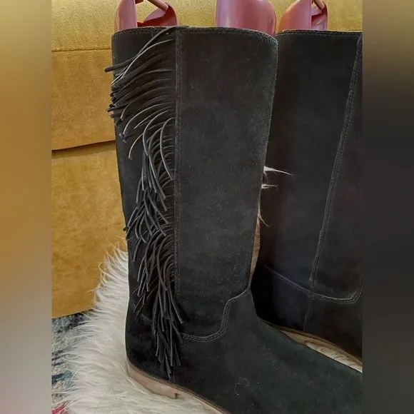 Lucky Brand &quot;Grayer&quot; Black Suede Fringe Boots 8