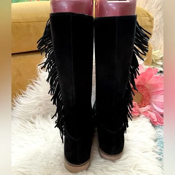 Lucky Brand &quot;Grayer&quot; Black Suede Fringe Boots 8