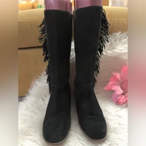 Lucky Brand &quot;Grayer&quot; Black Suede Fringe Boots 8
