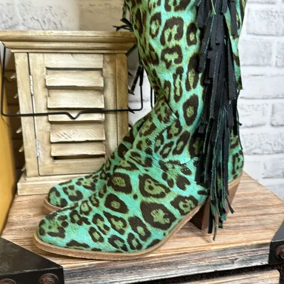 Lucky &amp; Blessed Turquoise Leopard Fringe Over Knee Boots Suede Size 6
