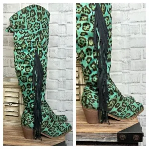 Lucky &amp; Blessed Turquoise Leopard Fringe Over Knee Boots Suede Size 6