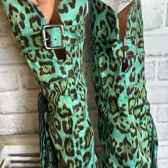 Lucky &amp; Blessed Turquoise Leopard Fringe Over Knee Boots Suede Size 6