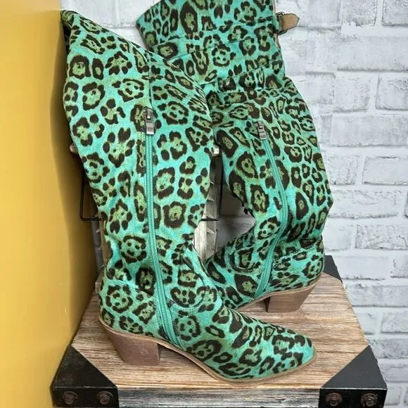 Lucky &amp; Blessed Turquoise Leopard Fringe Over Knee Boots Suede Size 6