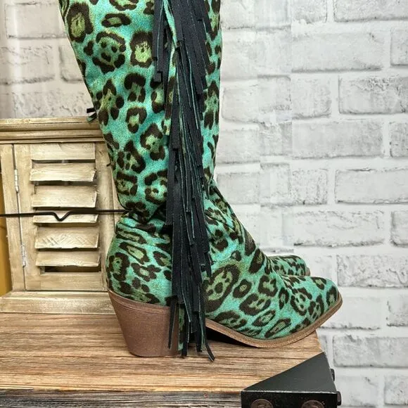 Lucky &amp; Blessed Turquoise Leopard Fringe Over Knee Boots Suede Size 6