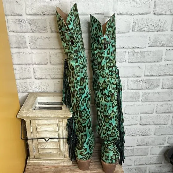Lucky &amp; Blessed Turquoise Leopard Fringe Over Knee Boots Suede Size 6