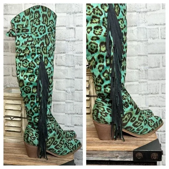 Lucky &amp; Blessed Turquoise Leopard Fringe Over Knee Boots Suede Size 6