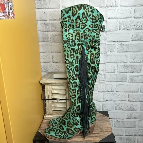Lucky &amp; Blessed Turquoise Leopard Fringe Over Knee Boots Suede Size 6