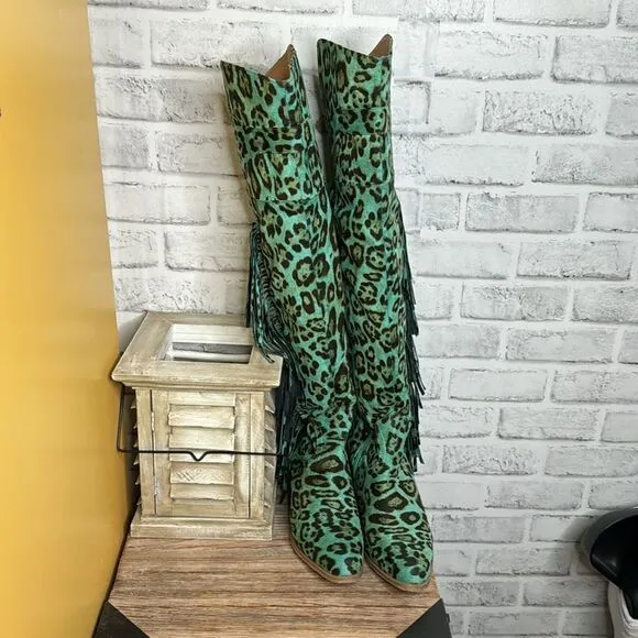 Lucky &amp; Blessed Turquoise Leopard Fringe Over Knee Boots Suede Size 6
