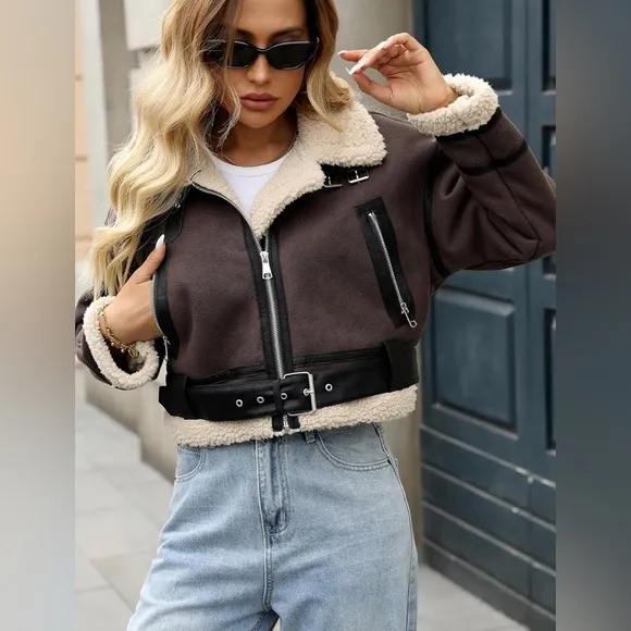 LY VAREY LIN Winter Faux Lamb Fur Leather Short Jacket Lapel Zipper Bomber Coat
