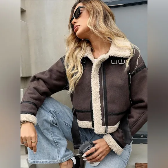 LY VAREY LIN Winter Faux Lamb Fur Leather Short Jacket Lapel Zipper Bomber Coat