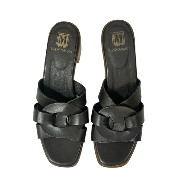 M by Bruno Magli Aria Black Leather Slip On Block Heel  Sandals 9.5 (39.5)