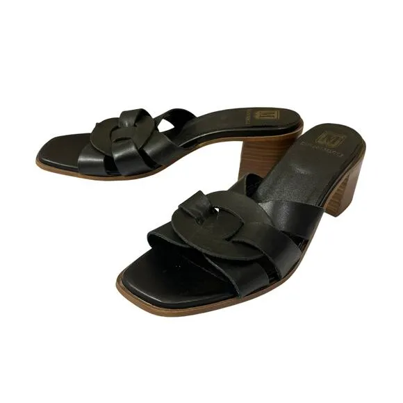 M by Bruno Magli Aria Black Leather Slip On Block Heel  Sandals 9.5 (39.5)
