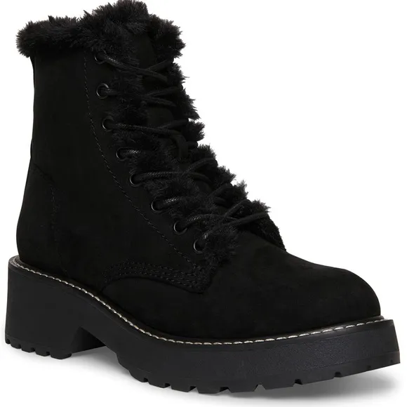 Madden girl black faux fur combat boots 8