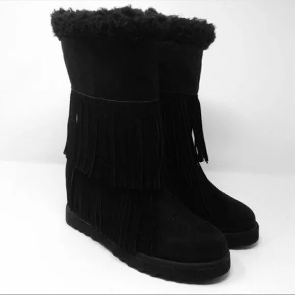 Madden Girl womans Black ankle wedged boots 7.5M BoxÑ Sleet fringe