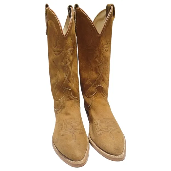 Made In USA Brown Suede Leather Pointed Toe Cowboy Boots Mens Size 8.5