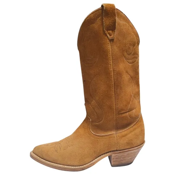 Made In USA Brown Suede Leather Pointed Toe Cowboy Boots Mens Size 8.5