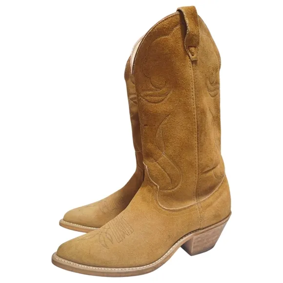 Made In USA Brown Suede Leather Pointed Toe Cowboy Boots Mens Size 8.5
