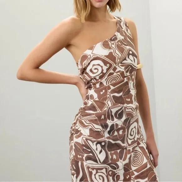 Mara Hoffman Enya Athenian Tribal Print One Shoulder Maxi Hemp Dress Sz 8